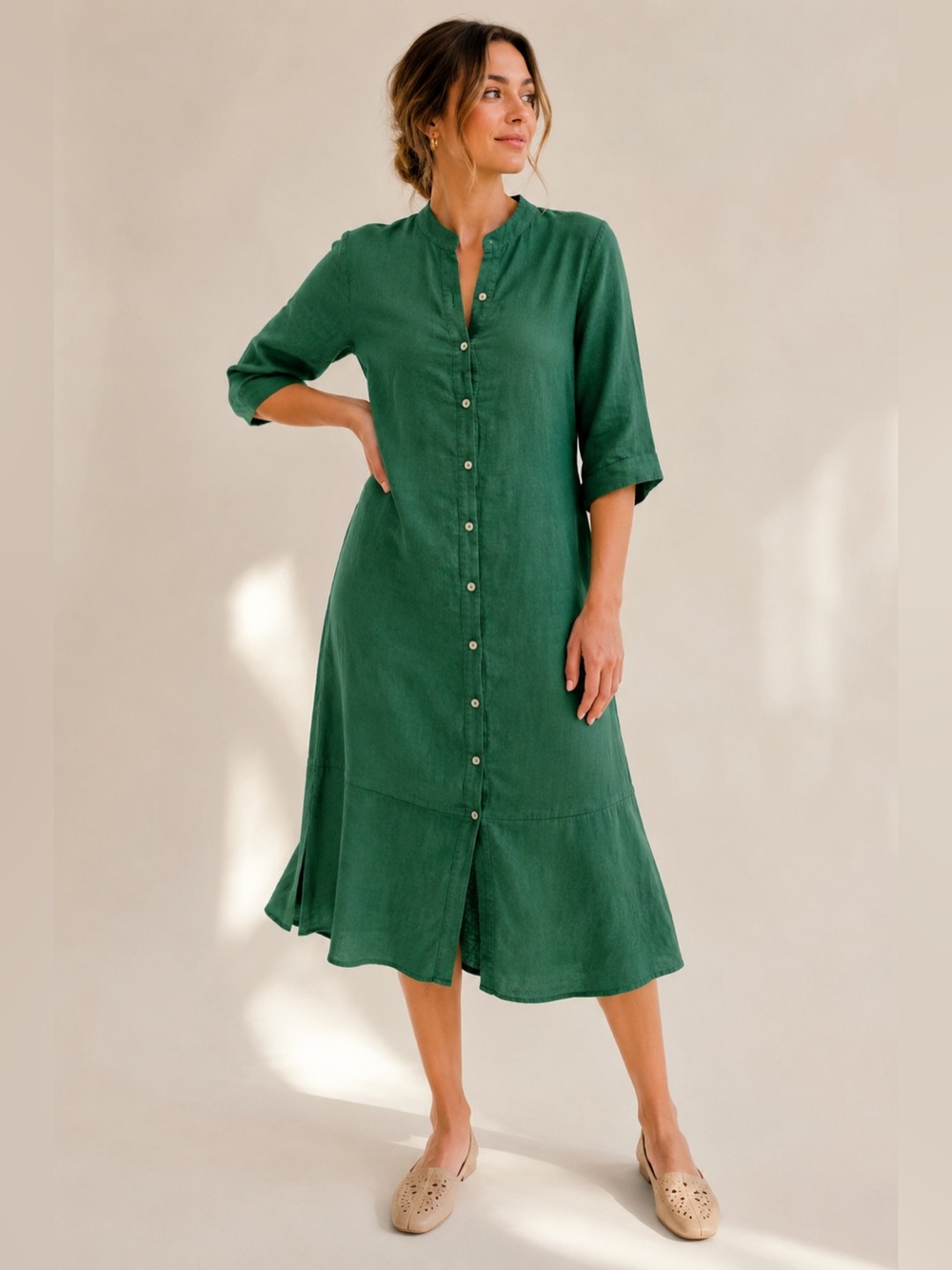 VALENTINA MALDI | Green Linen Button-Front Dress